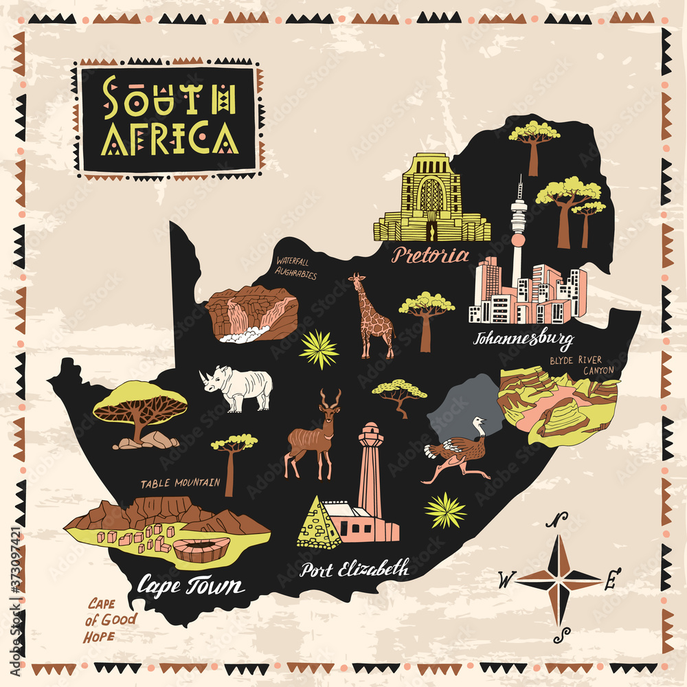 Illustrated map of South Africa. Set of national symbols and elements