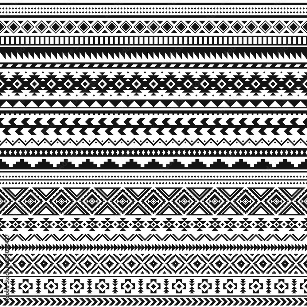 Tribal indian borders. Black white geometric pattern, seamless ethnic print for textile or tattoo, mexican and aztec vector ornament. Decoration traditional line elements, culture illustration