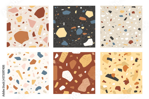 Terrazzo seamless pattern. Veneziano italian stone mosaic composite texture, decorative tile. Granite flooring textured sample, vector set. Colorful chaotic elements and pieces collection
