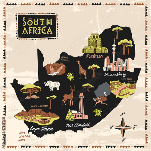 Illustrated map of South Africa. Set of national symbols and elements of architecture and culture