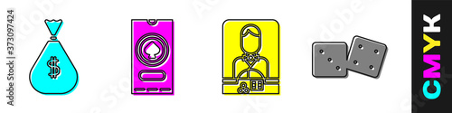 Set Money bag, Casino poker tournament invitation, Casino dealer and Game dice icon. Vector.