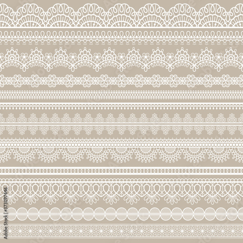 Lace seamless border. White cotton lace strips, embroidered decorative ornate eyelets pattern, horizontal textile stripe handmade vector set. Romantic style tracery for doily or scrapbook