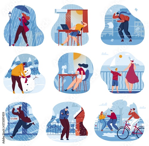 Seasons weather vector illustration set. Cartoon flat weather conditions collection of people in seasonal clothes walking, cycling on street under cold rain, snowfall, summer heat isolated on white