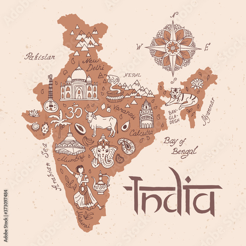 Illustrated map of India. Set of national symbols and elements of architecture and culture