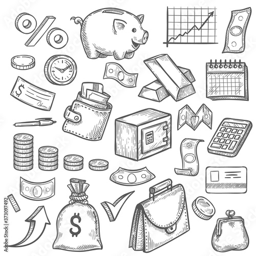 Money and banking sketch. Hand drawn dollar banknote and coin, piggy bank and business chart. Wallet, gold bar finance investment vector set, financial objects as credit card, briefcase
