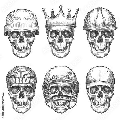 Skull in hats. Dead head characters with crown, baseball cap and helmets monochrome drawing art print for shirt design or tattoo vector set. Scary elements with different headdress isolated on white