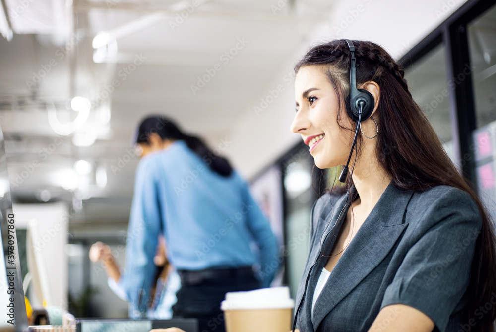Happiness young business woman reception smile portrait and working with friendship in the offices. Happiness young business woman reception smile portrait and working with friendship in the offices.