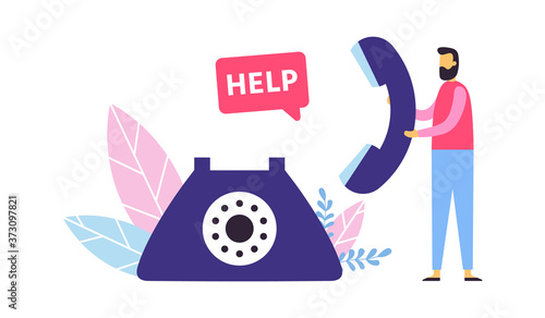 Customer support. Call center concept. Man operator holding landline to provide help to clients. Personal assistance and hotline agent. Communication and consulting vector illustration