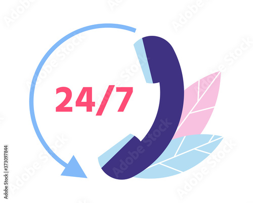 Customer support. 24 7 technical support. Phone call symbol for clients consultation. Personal assistance and hotline operator communication. Providing help for clients vector illustration