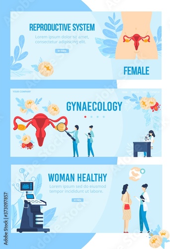 Woman health, gynecology vector illustration set. Cartoon flat infographic banner collection of female reproductive system scheme, gynecologist doctor appointment, gynecological hospital healthcare