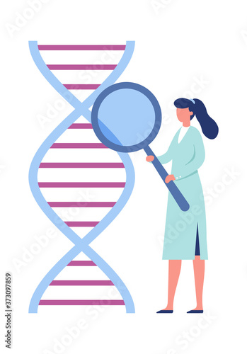 DNA genetic engineering. Laboratory research biotechnology concept. Woman medical or laboratory worker holding magnifier glass and checking dna wireframe structure vector illustration