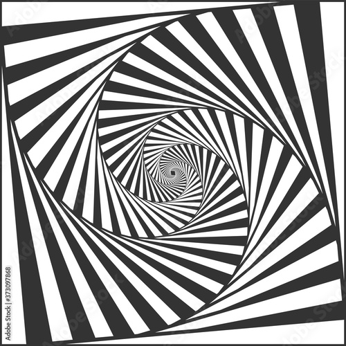 Optical spiral illusion. Black and white alternating strips creating hypnotic effect, vertigo geometric whirl and rotating stripes. Abstract curves with deceptive motion vector illustration