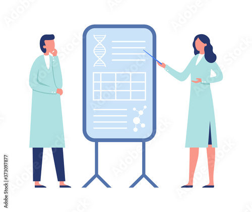 Research scientist working together. Woman in coat pointing to board with dna genetic code, molecules. Man listening to information, laboratory medical specialists vector illustration