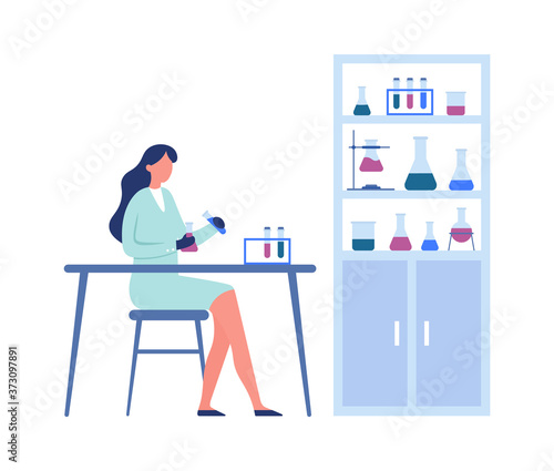 Science laboratory. Professional scientific research. Woman medical worker in uniform holding tubes and flasks and sitting at table, shelves with containers for experiments vector illustration