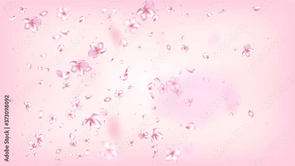 Nice Sakura Blossom Isolated Vector. Magic Flying 3d Petals Wedding Frame. Japanese Style Flowers Wallpaper. Valentine, Mother's Day Spring Nice Sakura Blossom Isolated on Rose
