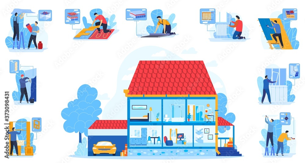 House design vector illustration. Cartoon flat house cutaway with modern household room interior, designer constructor people works on building process, construction management infographic background