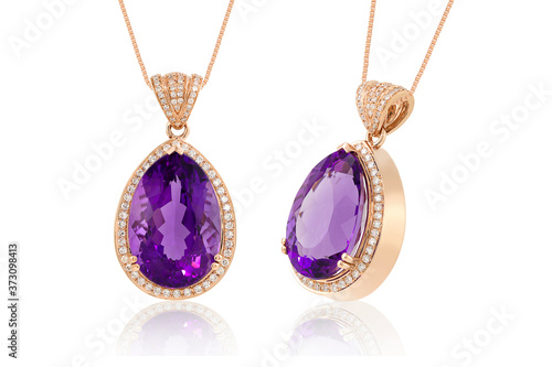 Amethyst pear cut, diamonds accents pendant in rose gold