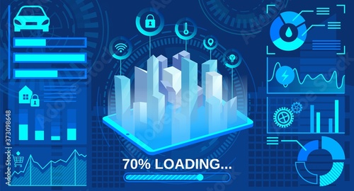 Isometric smart city construction project vector illustration. Cartoon blue abstract modern cityscape, futuristic engineer smart interface concept for constructing industry or tech future renovation