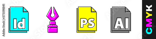 Set ID File document, Fountain pen nib, PS File document and AI file document icon. Vector.