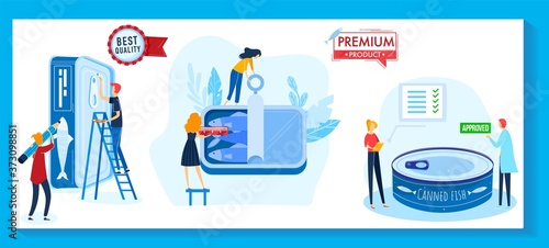 Food can product packaging vector illustration set. Cartoon flat tiny worker people working in fish canning industry, industrial production of canned fish package, quality checking for grocery store