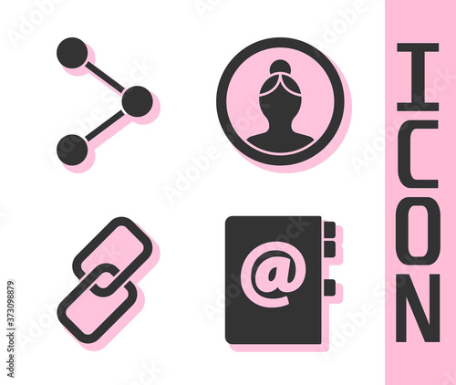 Set Address book, Share, Chain link and Create account screen icon. Vector.