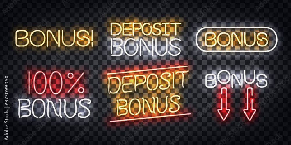 Vector set of realistic isolated neon sign of Bonus logo for decoration and covering on the transparent background.
Vector set of realistic isolated neon sign of Bonus logo for decoration and covering on the transparent background.
