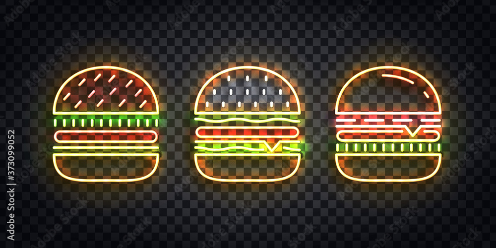 Vector set of realistic isolated neon sign of Burger logo for template decoration and covering on the transparent background. Concept of fast food, cafe and restaurant. Vector set of realistic isolated neon sign of Burger logo for template decoration and covering on the transparent background. Concept of fast food, cafe and restaurant.