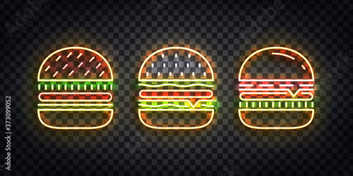 Vector set of realistic isolated neon sign of Burger logo for template decoration and covering on the transparent background. Concept of fast food, cafe and restaurant.