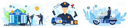 Police work vector illustration set. Cartoon flat policeman character working, policeofficer patrol people arrest thief, security officers protect bank from criminal attack robbery isolated on white