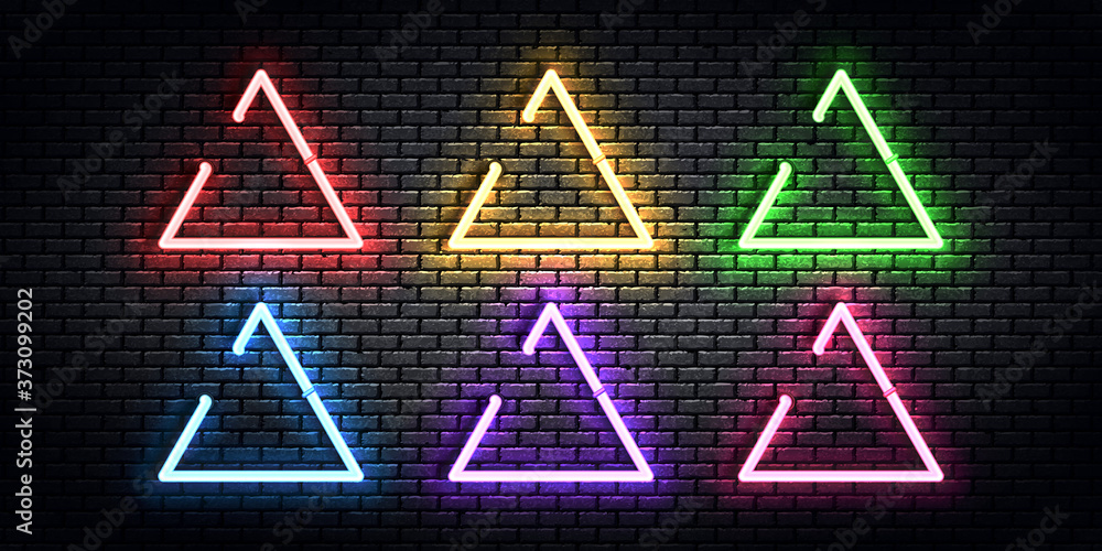 Vector set of realistic isolated neon sign of colorful triangle frame for template and layout on the wall background.