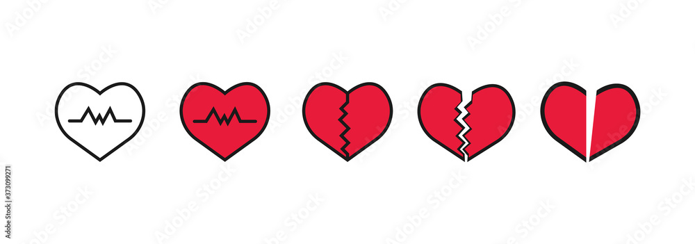Collection of heart icons, love symbol. Broken heart icons set in flat modern style isolated on empty white background. Cracked heart. Collection of heart icons, love symbol. Broken heart icons set in flat modern style isolated on empty white background. Cracked heart.