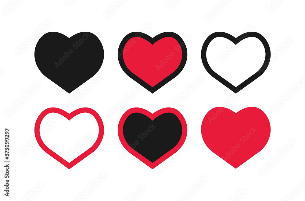 Collection of heart icons, symbol of love. Set of hearts icons in flat modern style isolated on blank white background.
