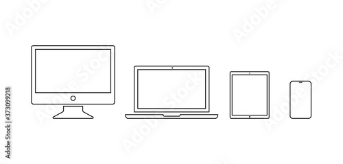 Collection of gadgets and devices in thin line style. Vector outline set: Laptop, Notebook, Tablet, Smartphone. Vector illustration