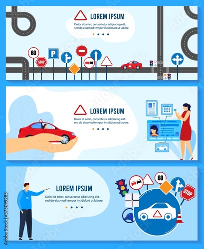 Driving auto school education vector illustrations. Cartoon flat teacher instructor character teaching rules of driving car automobile and traffic signs, driver license exam, educational banner set