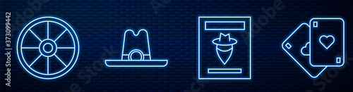 Set line Wanted western poster, Old wooden wheel, Western cowboy hat, Playing cards and Tomahawk axe. Glowing neon icon on brick wall. Vector.