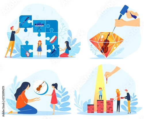 Children creative achievements vector illustration. Cartoon flat parent characters develop child creativity, plan music lessons, play musical instruments, kid achieving medals parenting concepts set