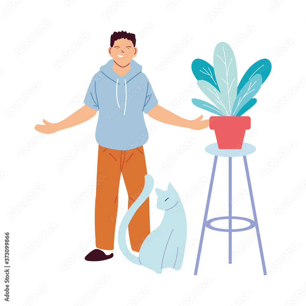 Fototapeta premium man cartoon with cat and plant vector design