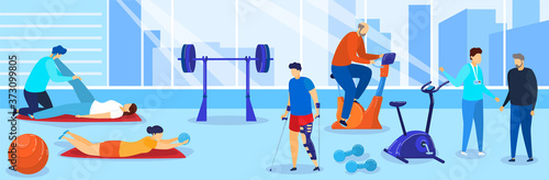 Therapy rehabilitation vector illustration. Cartoon flat people with disabilities doing rehab sport exercise in gym, characters practicing physiotherapy with doctor therapist instructor background