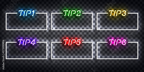 Vector set of realistic isolated neon sign of Tips frame logo for template decoration and covering on the wall background.
