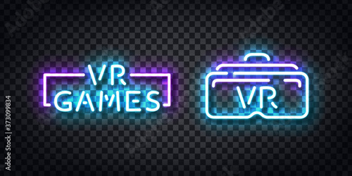 Vector set of realistic isolated neon sign of VR Games logo for template decoration and covering on the transparent background. Concept of game, cyberspace and virtual reality entertainment experience