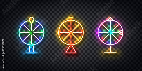 Vector set of realistic isolated neon sign of Wheel of Fortune logo for template decoration and covering on the transparent background. Concept of roulette and jackpot.