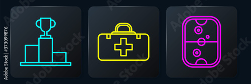 Set line Hockey over sports winner podium, Air hockey table and First aid kit. Black square button. Vector.