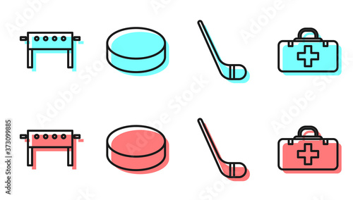 Set line Ice hockey stick, Hockey table, Hockey puck and First aid kit icon. Vector.