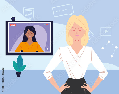 blond businesswoman cartoon in front of screen in video chat vector design