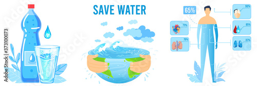 Save water ecology vector illustration set. Cartoon flat hands holding earth globe with ocean waves, drink bottle, human body organs and water function infographic eco concepts isolated on white