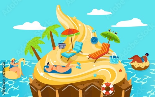 Candy sweets dream beach island vector illustration. Cartoon flat fantasy travel poster background with woman characters in bikini swimming sunbathing on ice cream beachside, sweetness world concept