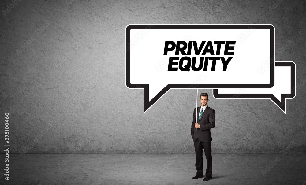 Young business person in casual holding road sign with PRIVATE EQUITY inscription, new business idea concept Young business person in casual holding road sign with PRIVATE EQUITY inscription, new business idea concept