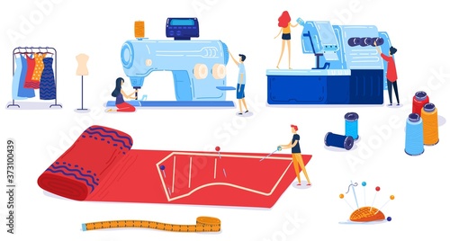 Textile industry vector illustration set. Cartoon flat tiny tailor worker people work with sewing machine and industrial machinery, dressmakers seamstresses sew clothes and dresses isolated on white