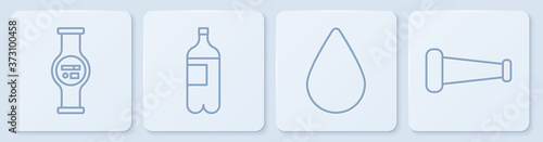 Set line Water meter, Water drop, Bottle of water and Industry metallic pipe. White square button. Vector.