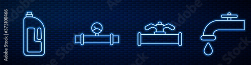 Set line Industry pipe and valve, Container with drain cleaner, Industry pipe and manometer and Water tap. Glowing neon icon on brick wall. Vector.